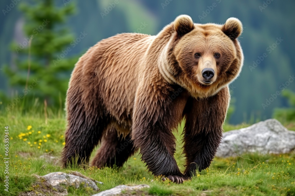 Obraz premium Brown bear moving on the green meadow in springtime nature.