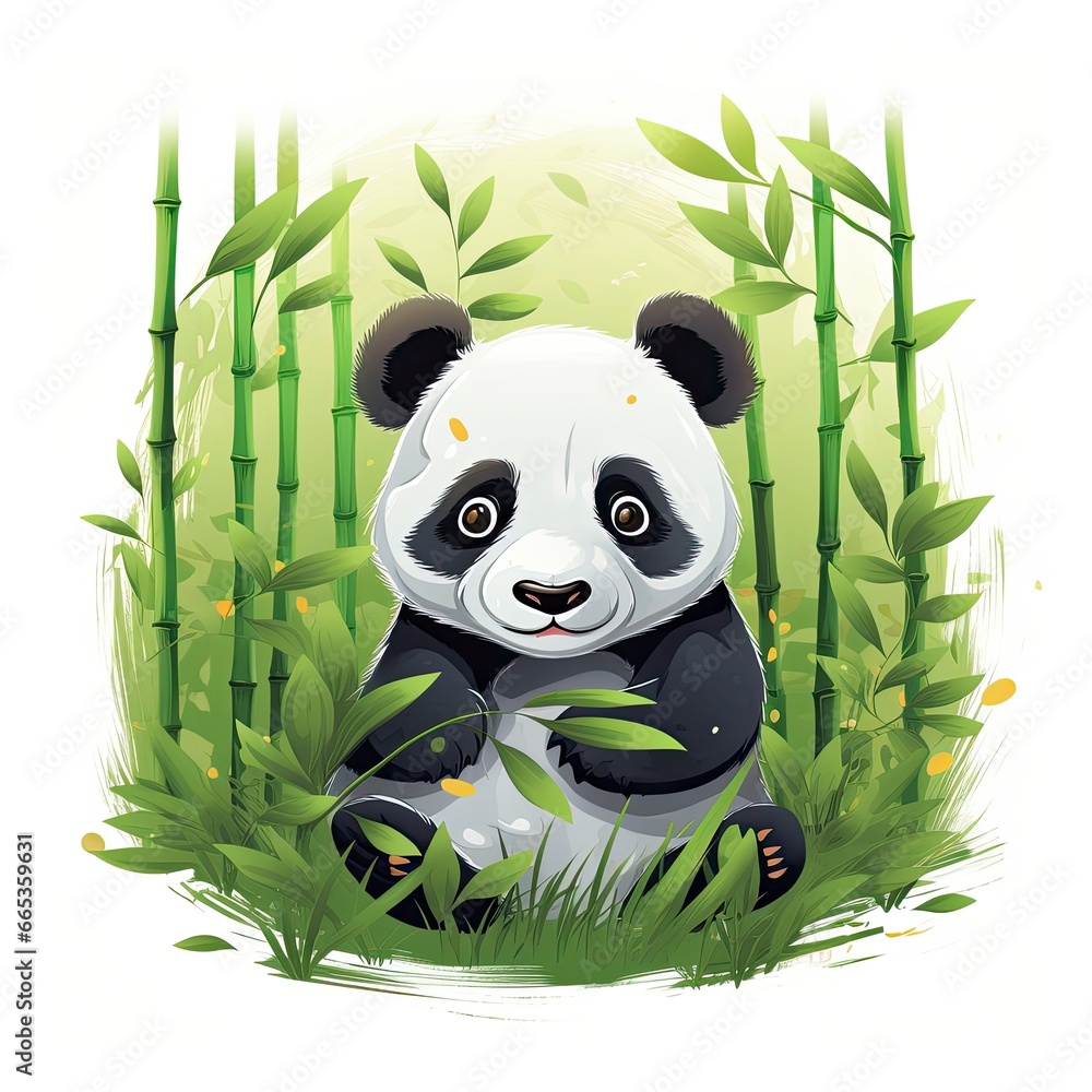 Cute panda in the middle of a bamboo forest. T-shirt design. Cute panda in the middle of a bamboo forest. T-shirt design.