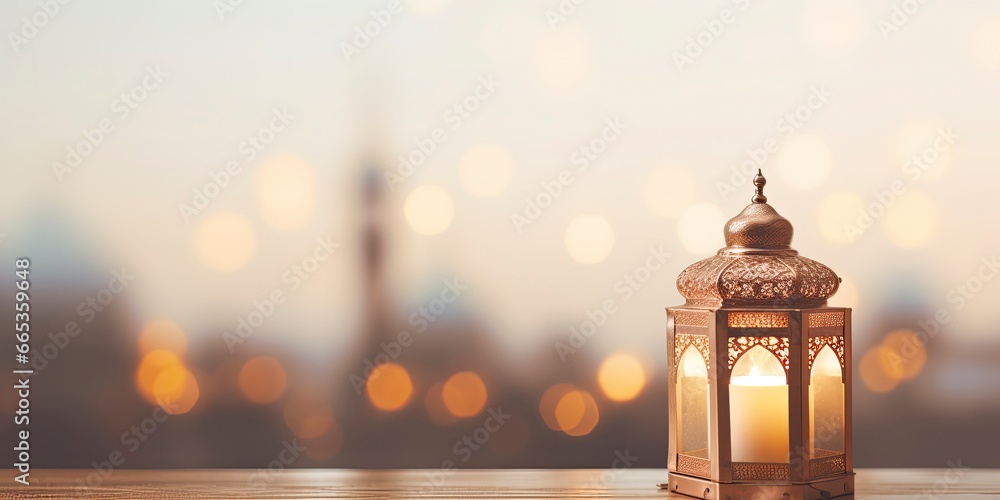 Celebration of islamic eid mubarak and eid al adha lantern in a light background.
