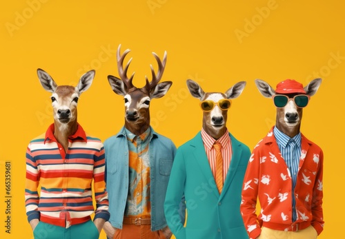 Group of trendy reindeers. Fancy animals theme. For creative greeting card, Christmas invitation, poster, web. AI generated digital design. 