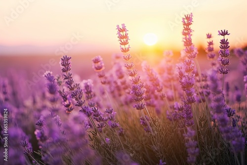 Close up lavender flowers in beautiful field at sunset. © Khalada