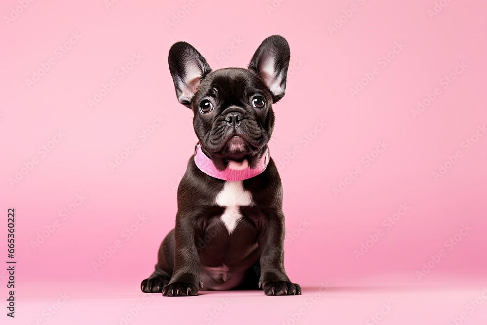A black dog looking at camera on Pink Background.