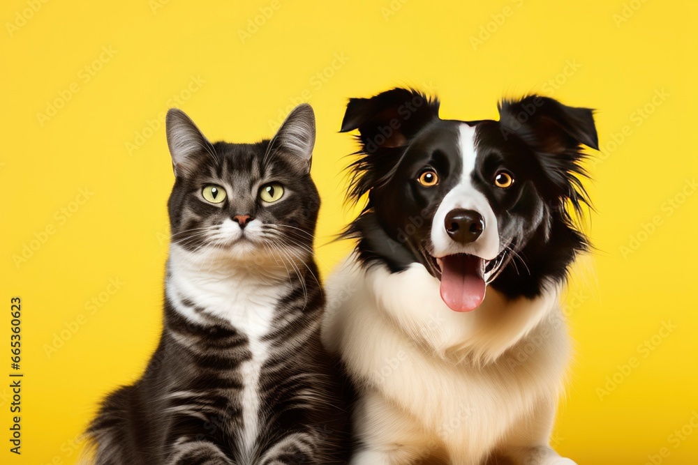  Cat and dog together with happy expressions on yellow background.