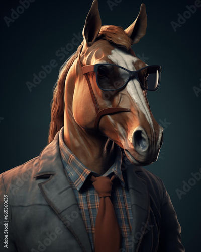 Closeup of horse head wearing glasses