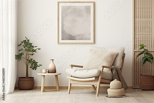 Scandinavian-style mock-up frame in a room with beige decor and a boho touch. Generative AI © Sable
