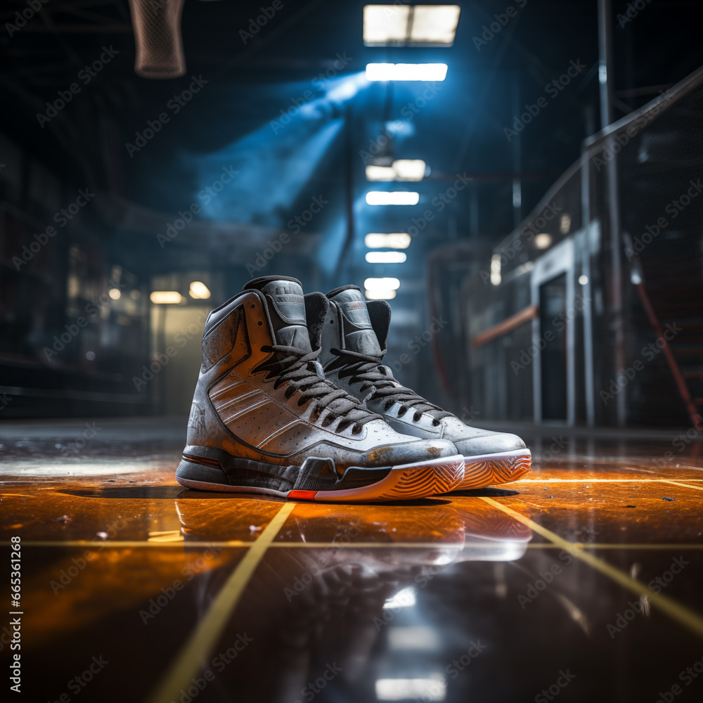 Close-up of a pair of basketball shoes on the court - obrazy, fototapety, plakaty 