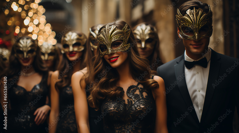 New Year’s Eve Party - low angle shot - stylish and formal dress - masks - selfie - ball drop party - tux - sequins - fun - midnight 