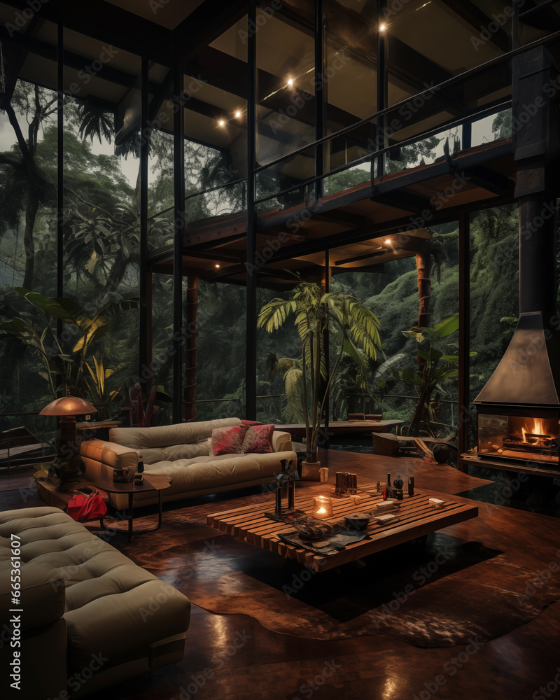 Fototapeta premium Green luxury forest villa hall interior