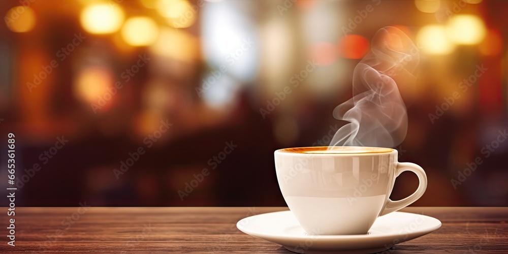 Obraz premium Morning elixir. Cup of espresso on wooden table. Cafe charm. Cappuccino magic in vintage atmosphere. Brewed perfection. Tea cups in soft morning light