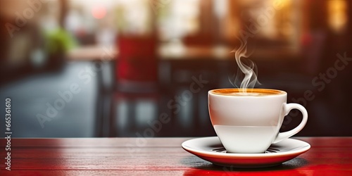 Morning elixir. Cup of espresso on wooden table. Cafe charm. Cappuccino magic in vintage atmosphere. Brewed perfection. Tea cups in soft morning light