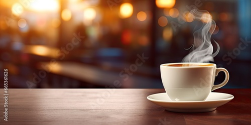 Morning elixir. Cup of espresso on wooden table. Cafe charm. Cappuccino magic in vintage atmosphere. Brewed perfection. Tea cups in soft morning light