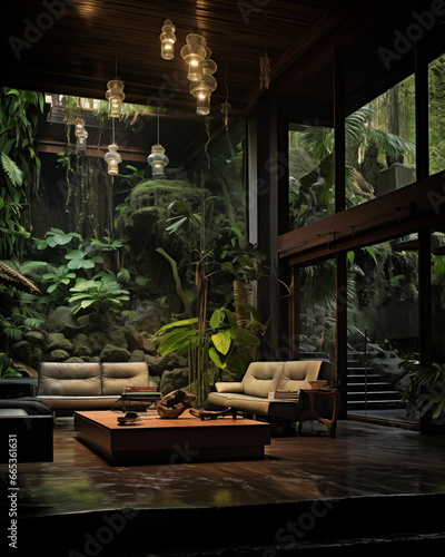 Green luxury forest villa hall interior