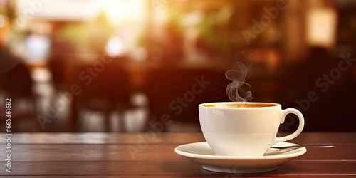 Morning elixir. Cup of espresso on wooden table. Cafe charm. Cappuccino magic in vintage atmosphere. Brewed perfection. Tea cups in soft morning light