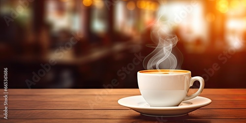 Morning elixir. Cup of espresso on wooden table. Cafe charm. Cappuccino magic in vintage atmosphere. Brewed perfection. Tea cups in soft morning light