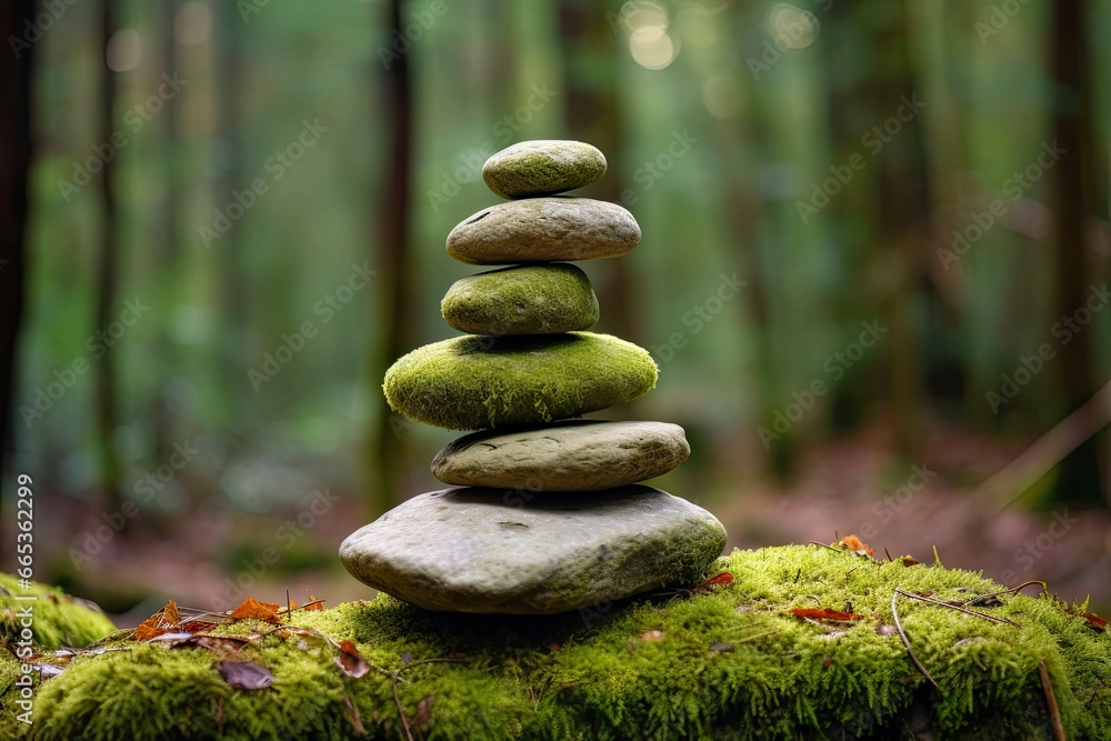 Pyramid stones balance on old mossy fallen tree. Pyramid stones balance on old mossy fallen tree.