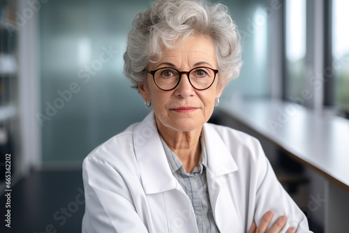 Portrait of a friendly elderly gray-haired woman medical worker, pharmacist or scientist or laboratory assistant.