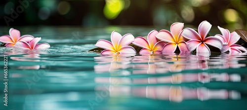 Plumeria flowers on green leaf floating on water. A peaceful and serene scene with a touch of nature and beauty. © Khalada