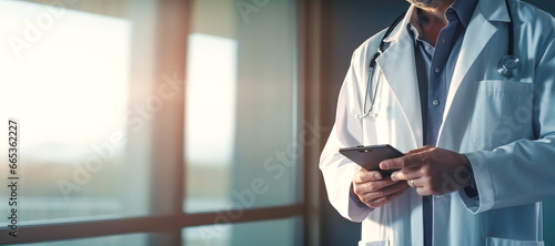 Banner with space for text Impersonal Male doctor in a white coat and with a tablet in his hands in the office.