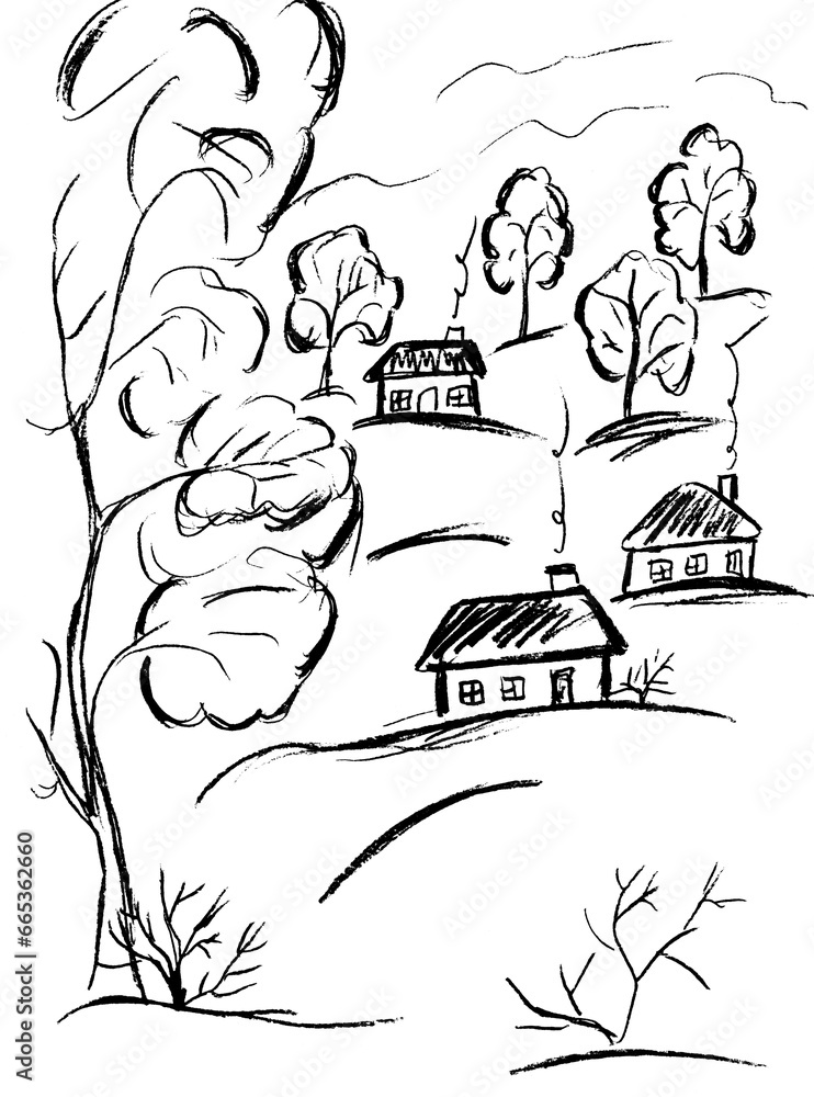 Landscape with houses and trees