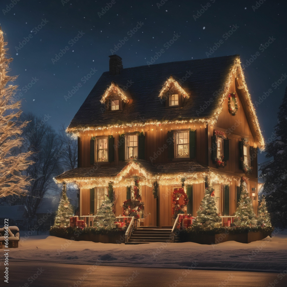 Christmas house decorated with magic christmas tree and lights Christmas house decorated with magic christmas tree and lights