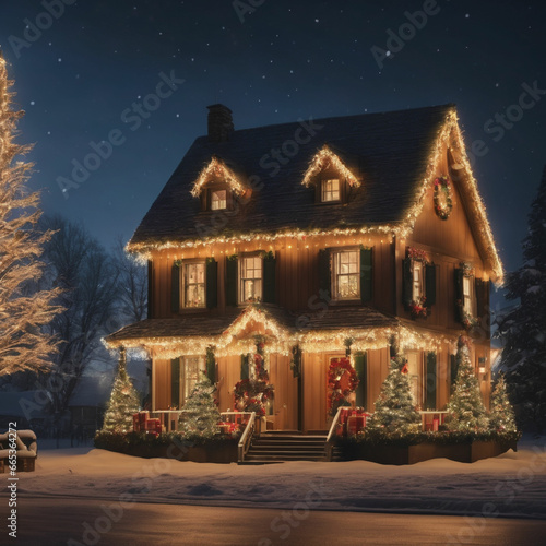 Christmas house decorated with magic christmas tree and lights