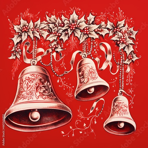 Chitsmas bell and decoration drawing on red background photo