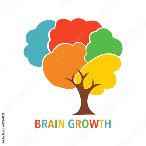 Brain growth for kids concept. Colorful brain in tree shape on white background.