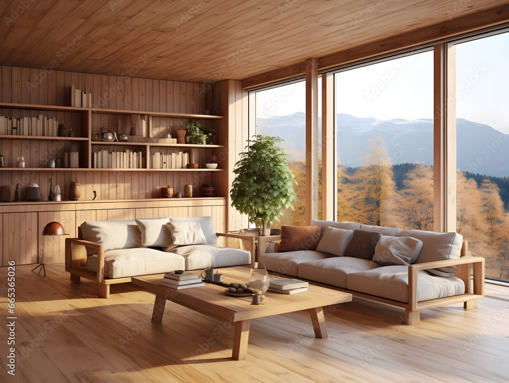 Modern space wooden interior living room with large windows and wooden furniture generative ai Modern space wooden interior living room with large windows and wooden furniture generative ai