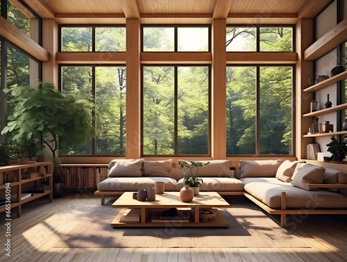 Modern space wooden interior living room with large windows and wooden furniture generative ai