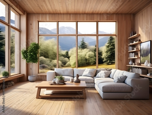 Modern space wooden interior living room with large windows and wooden furniture generative ai © tanjidvect