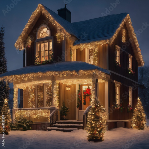Christmas house decorated with magic christmas tree and lights © Saifi