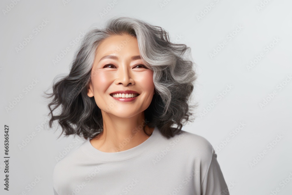 Close-up portrait of a stylish Asian woman in her 50s. Luxurious middle-aged woman with a short gray hair over white background. Close-up portrait of a stylish Asian woman in her 50s. Luxurious middle-aged woman with a short gray hair over white background.