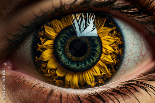 macro close up of a female eye,snuFlower reflected in the eye,Seeing unreal scenes, fantasies, hallucinations, hallucinations