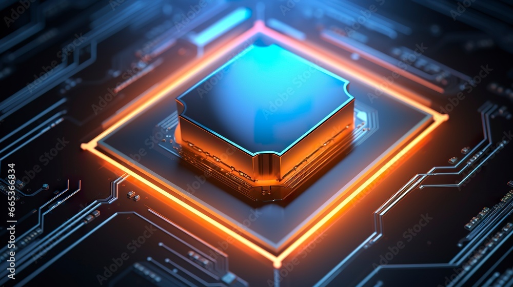 Top View of a Chip with Glowing Light and Fog in Orange and Blue. Top View of a Chip with Glowing Light and Fog in Orange and Blue.
