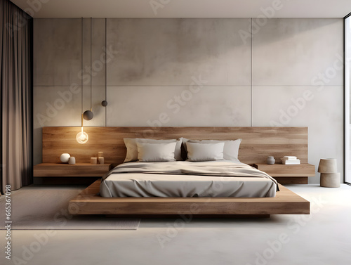 Modern wooden bedroom with wooden furniture generative ai