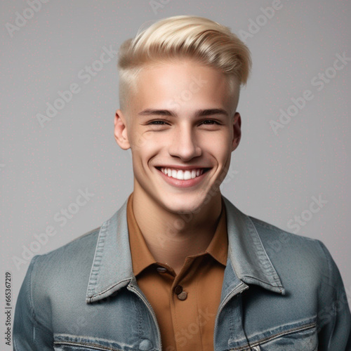 Young blond man smiling on a light background generated by AI
