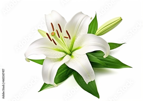Beautiful fresh lily flower with green leaves, isolated on white background. © MdHafizur