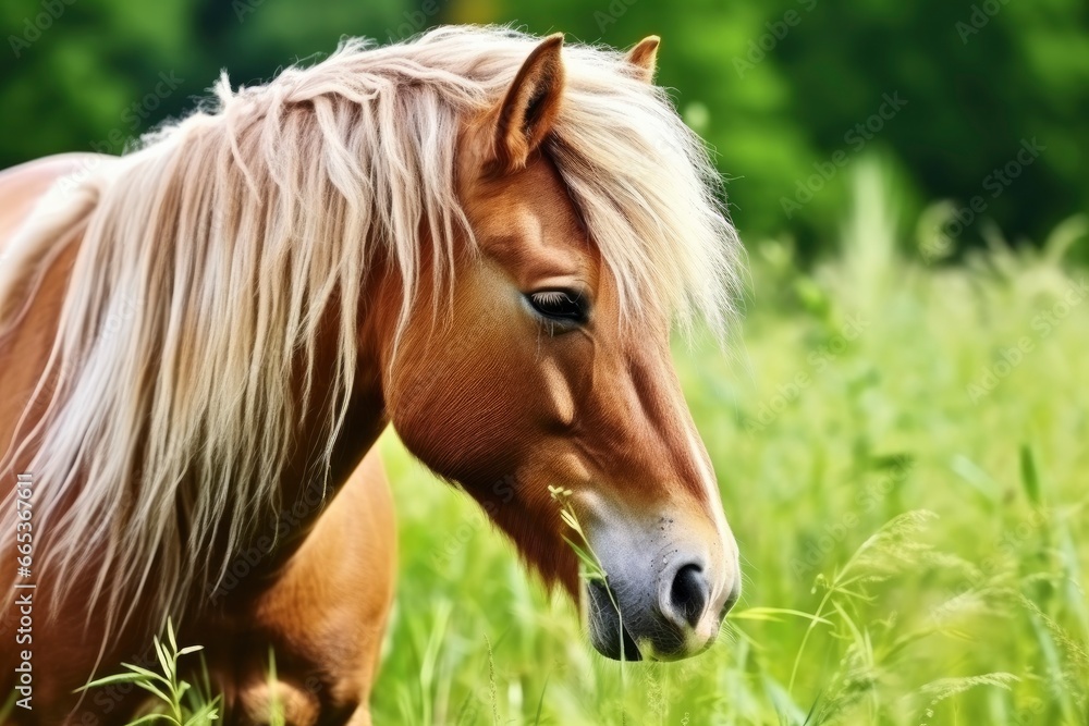 Fototapeta premium Brown horse with blond hair eats grass on a green meadow detail from the head.