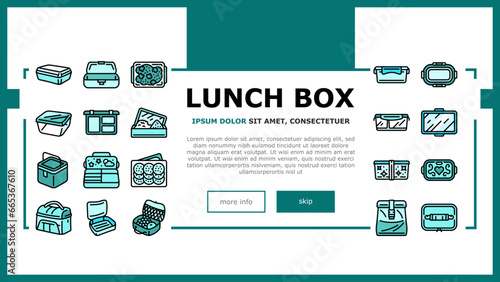 lunch box food school meal landing web page vector. lunchbox healthy, snack sandwich, container fresh, apple fruit, plastic nutrition lunch box food school meal Illustration