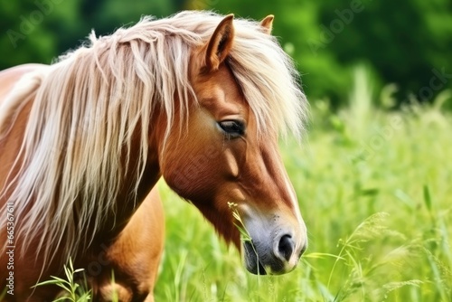 Brown horse with blond hair eats grass on a green meadow detail from the head. © MdHafizur