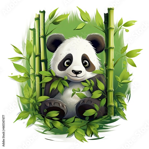 Cute panda in the middle of a bamboo forest. T-shirt design. photo