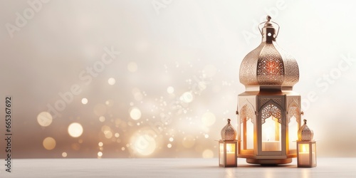 Celebration of islamic eid mubarak and eid al adha lantern in a light background. photo