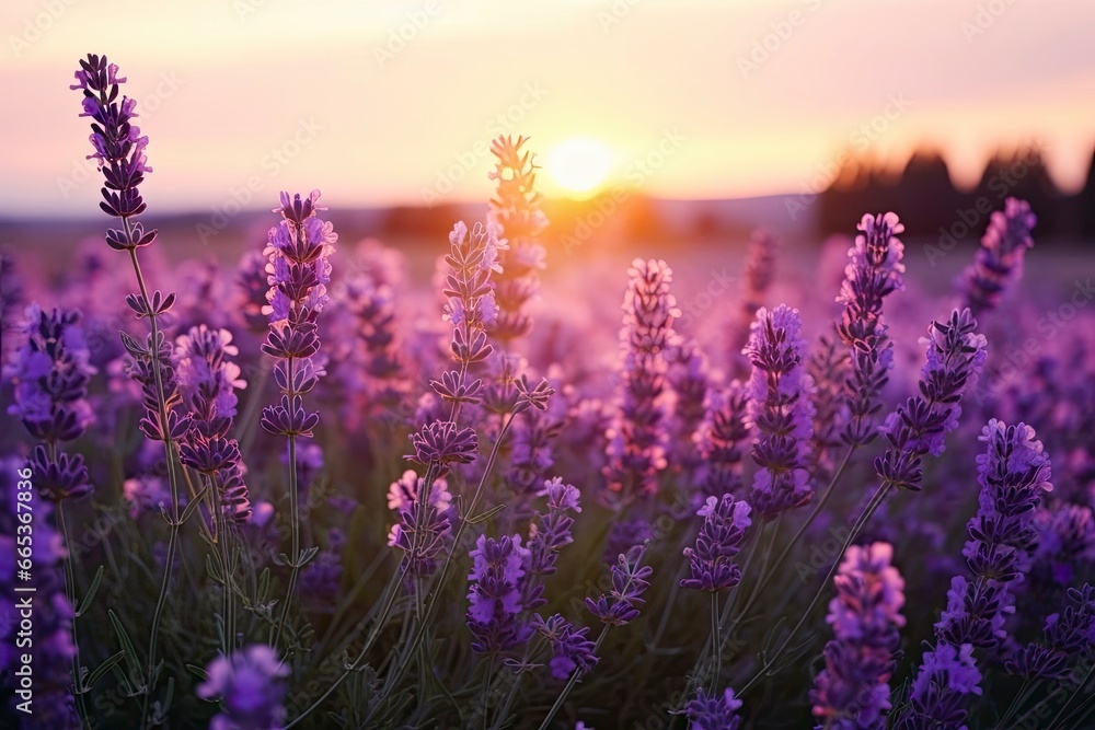 Naklejka premium Close up lavender flowers in beautiful field at sunset.