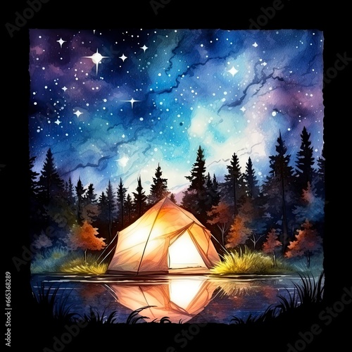 A Camping Tent in the forest with Night sky, watercolor for T-shirt Design. © MdHafizur