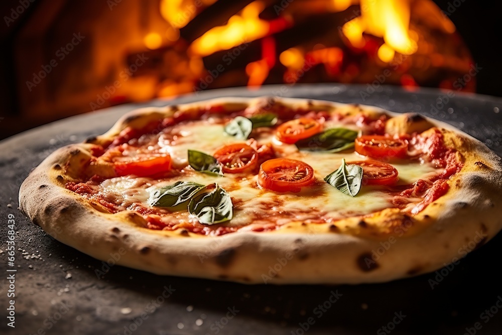 Freshly baked pizza closeup, traditional wood fired oven background.