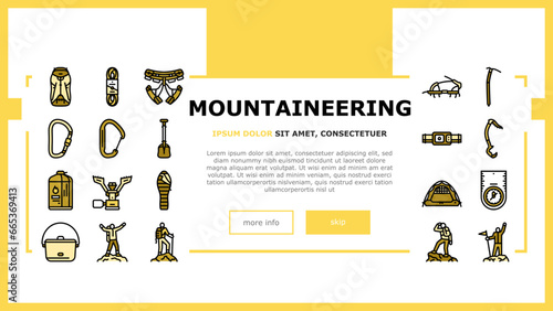 mountain adventure mountaineering landing web page vector. climbing travel, hiking sport, climb climber, extreme nature, outdoor hiker trekking mountain adventure mountaineering Illustration