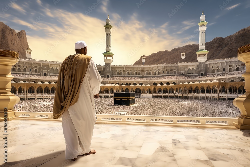 Man in pilgrim performing haj or umrah in front of kaaba, Mecca - obrazy, fototapety, plakaty 