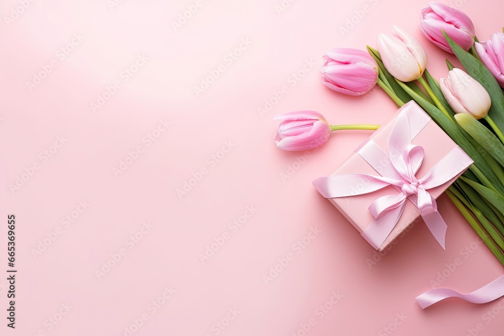 Pink gift box with ribbon bow and bouquet of tulips on isolated pastel pink background. Pink gift box with ribbon bow and bouquet of tulips on isolated pastel pink background.