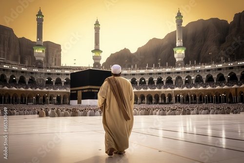 Man in pilgrim performing haj or umrah in front of kaaba, Mecca photo