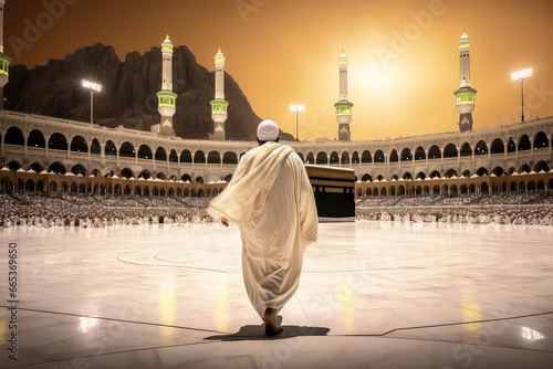 Man in pilgrim performing haj or umrah in front of kaaba, Mecca
